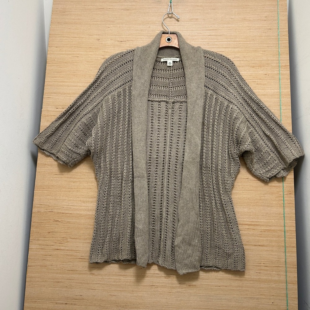 Banana Republic Womens XS Taupe Pointelle Knit Short Sleeve Open Front Cardigan